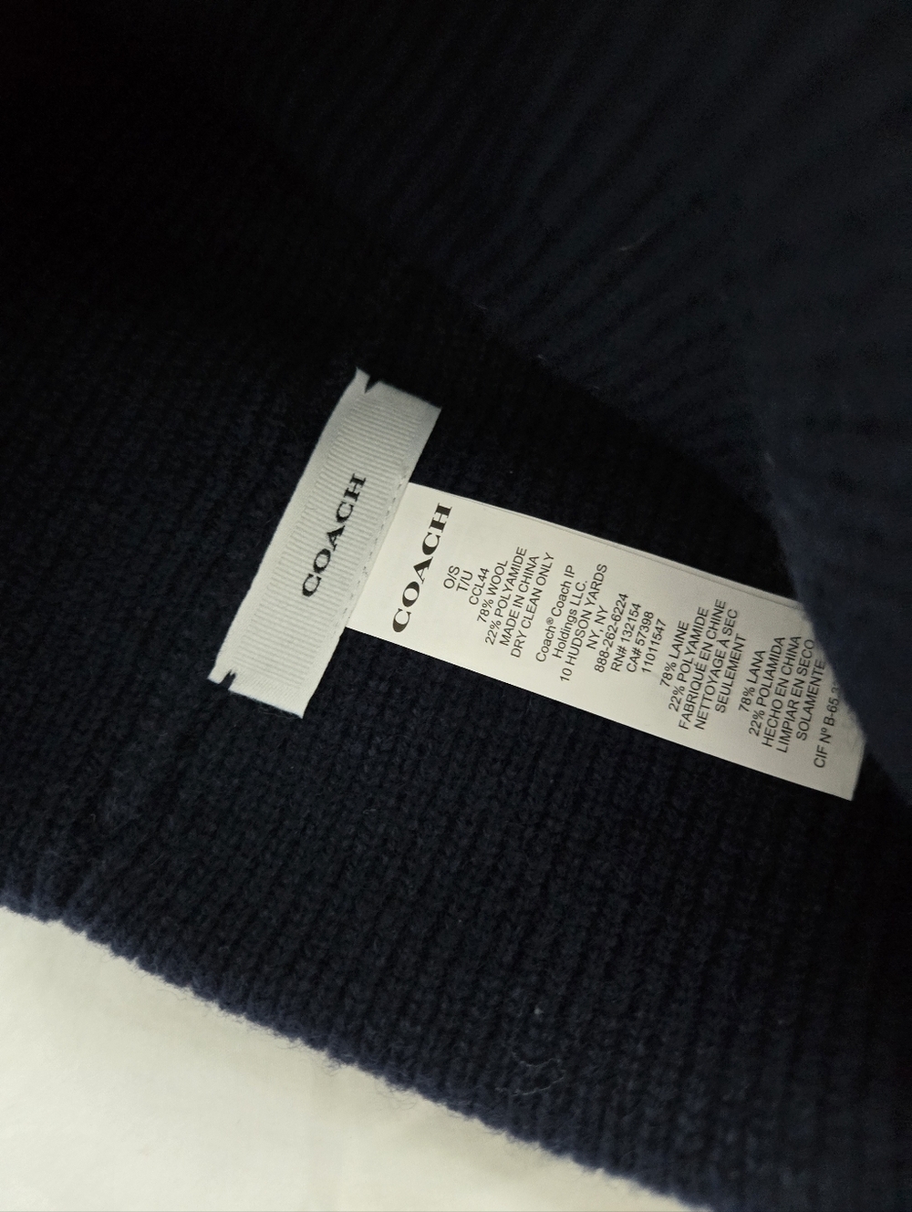 Coach Navy Ribbed Beanie with Logo Tag - Picture 3 of 3